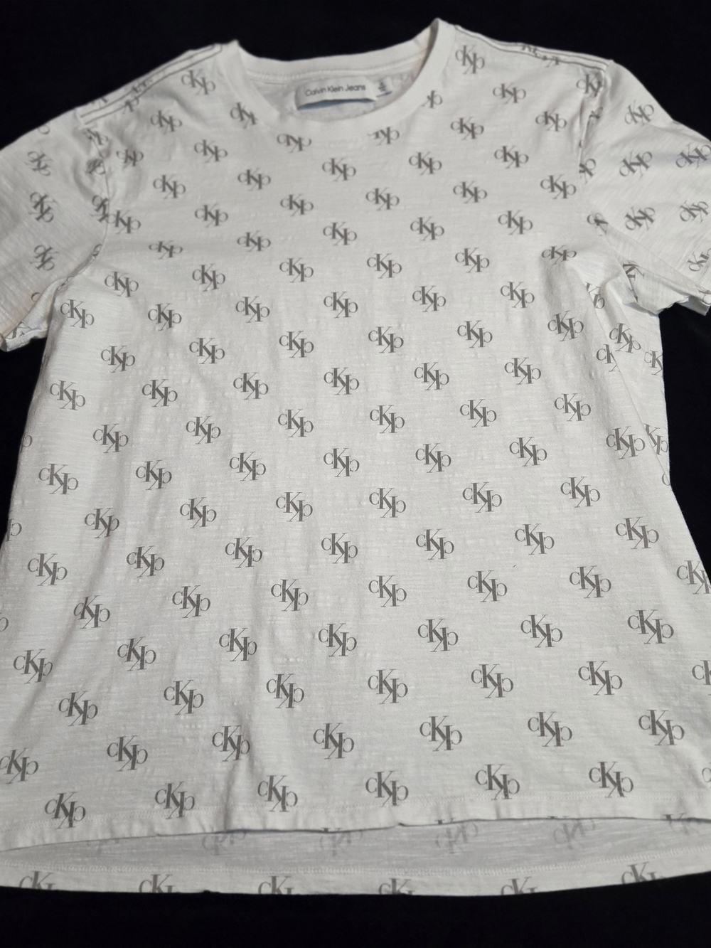 Calvin Klein Jeans White Crewneck Tee with All-Over Gray CKJ Logo